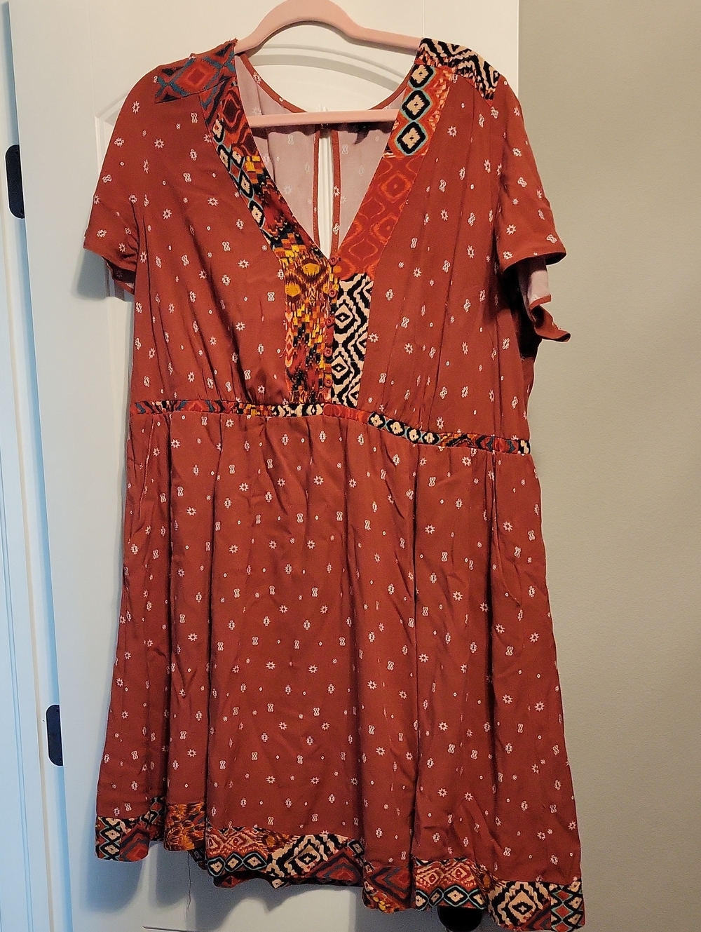 torrid Rust Orange Patterned V-Neck Mini Dress